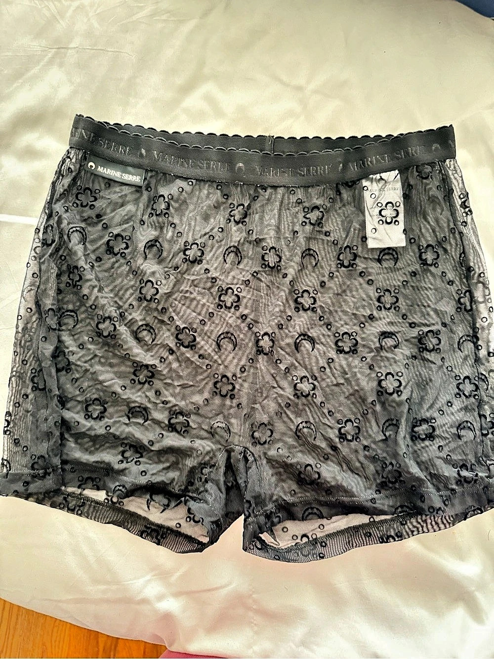 Marine Serre Recycled Mesh Flock Mini Shorts Floral Sheer Black
